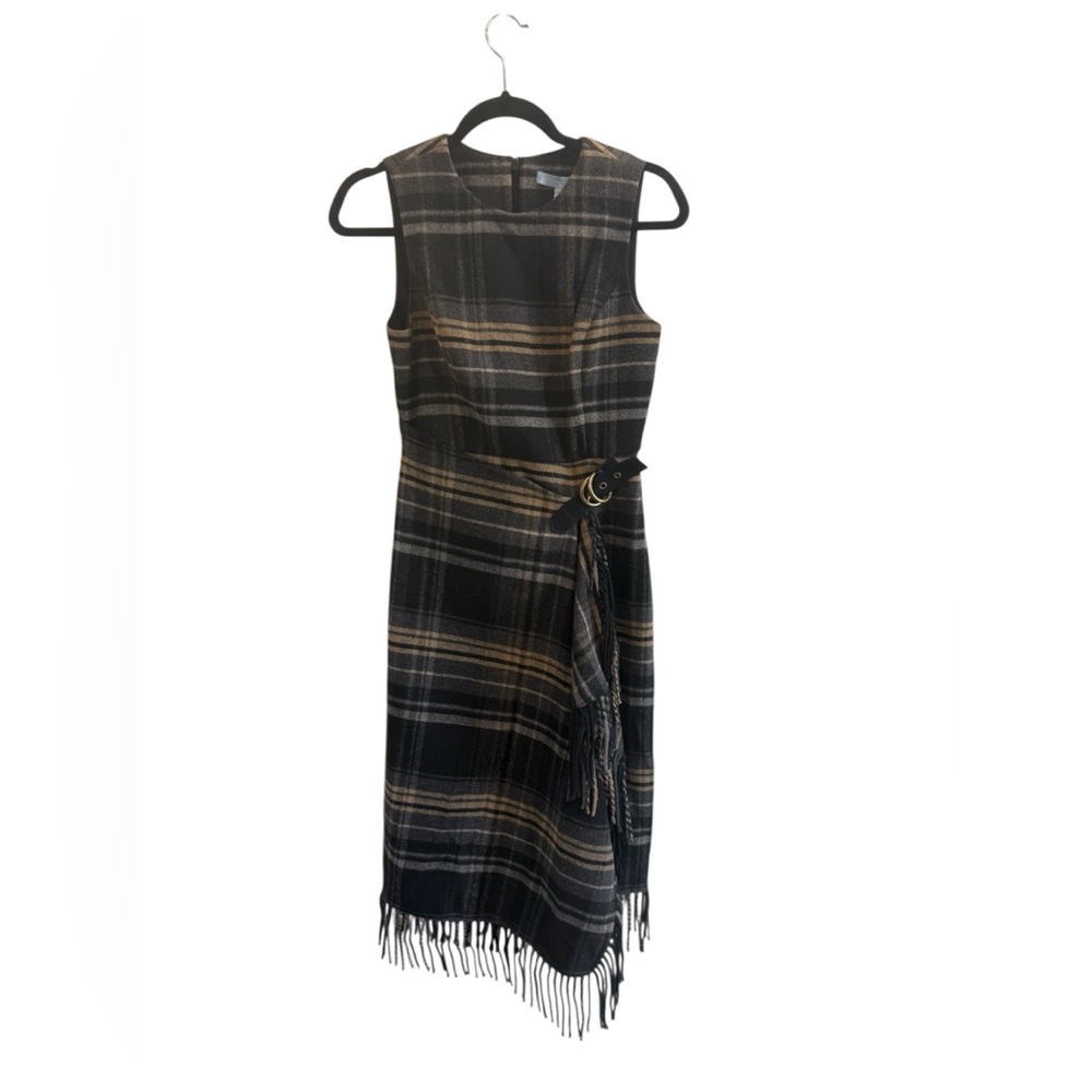 ANTONIO MELANI Tula Plaid Asymmetrical Wrap Fringe Midi Dress NWT Size 0 - Picture 3 of 8